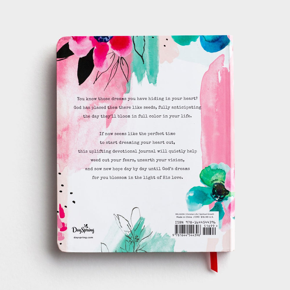 
            
                Load image into Gallery viewer, Back View of  of White Book with Flowers and Water Color Detailing- 100 Days To Dream Your Heart Out A Devotional Journal 
            
        