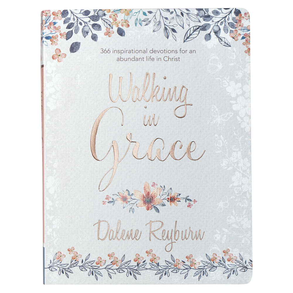 Front View of Grey with Navy and Pink Floral Detailing and Rose Gold Lettering Book-Walking in Grace 366 Inspirational Devotions For An Abundant Life In Christ