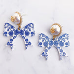 Blue and White Bow Earrings